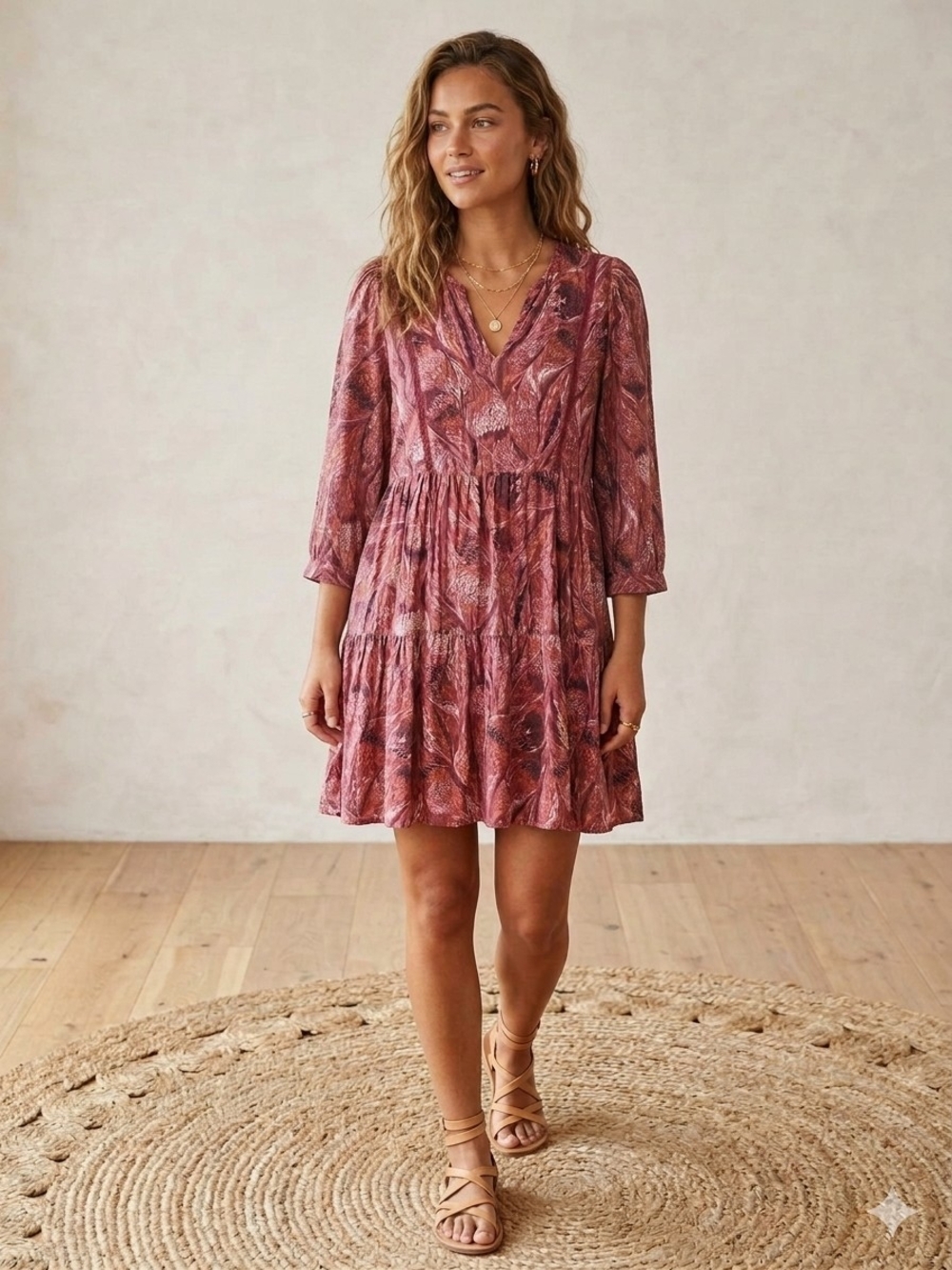 Indi & Cold Tiered V-Neck Mini Dress Whimsical Boho Chic Romantic Dusty Pink M